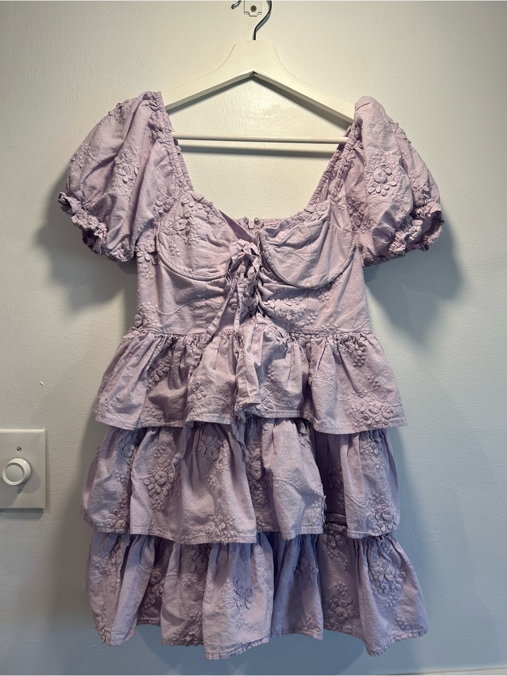 Lavender Tiered Eyelet by Puffed Ruffle Mini Dress